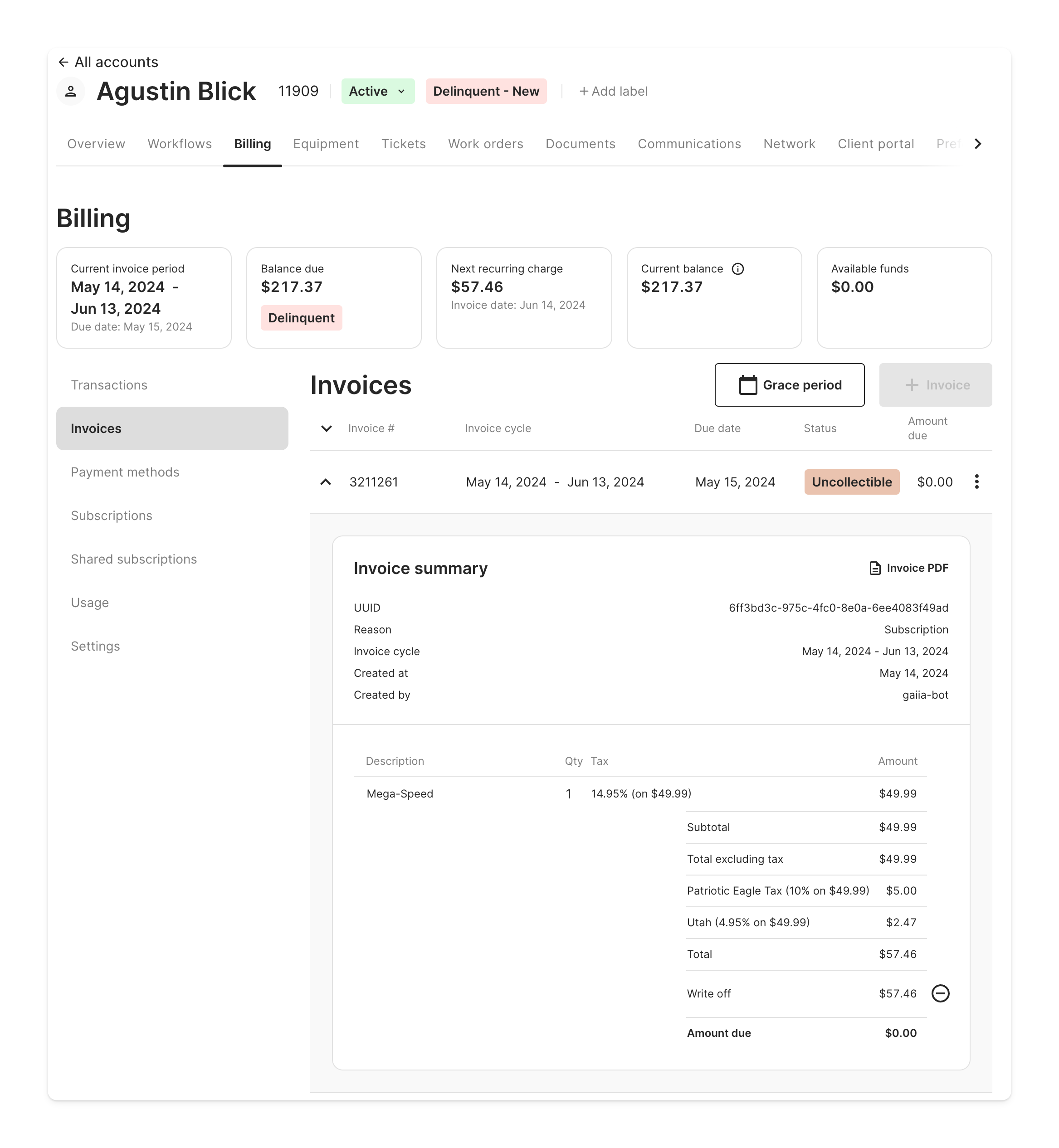 Example of an invoice that has been written off