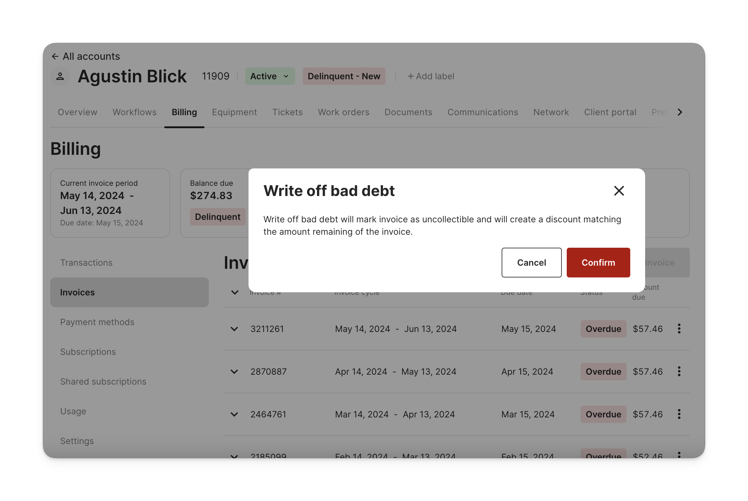 Modal that appears before proceeding with the write off