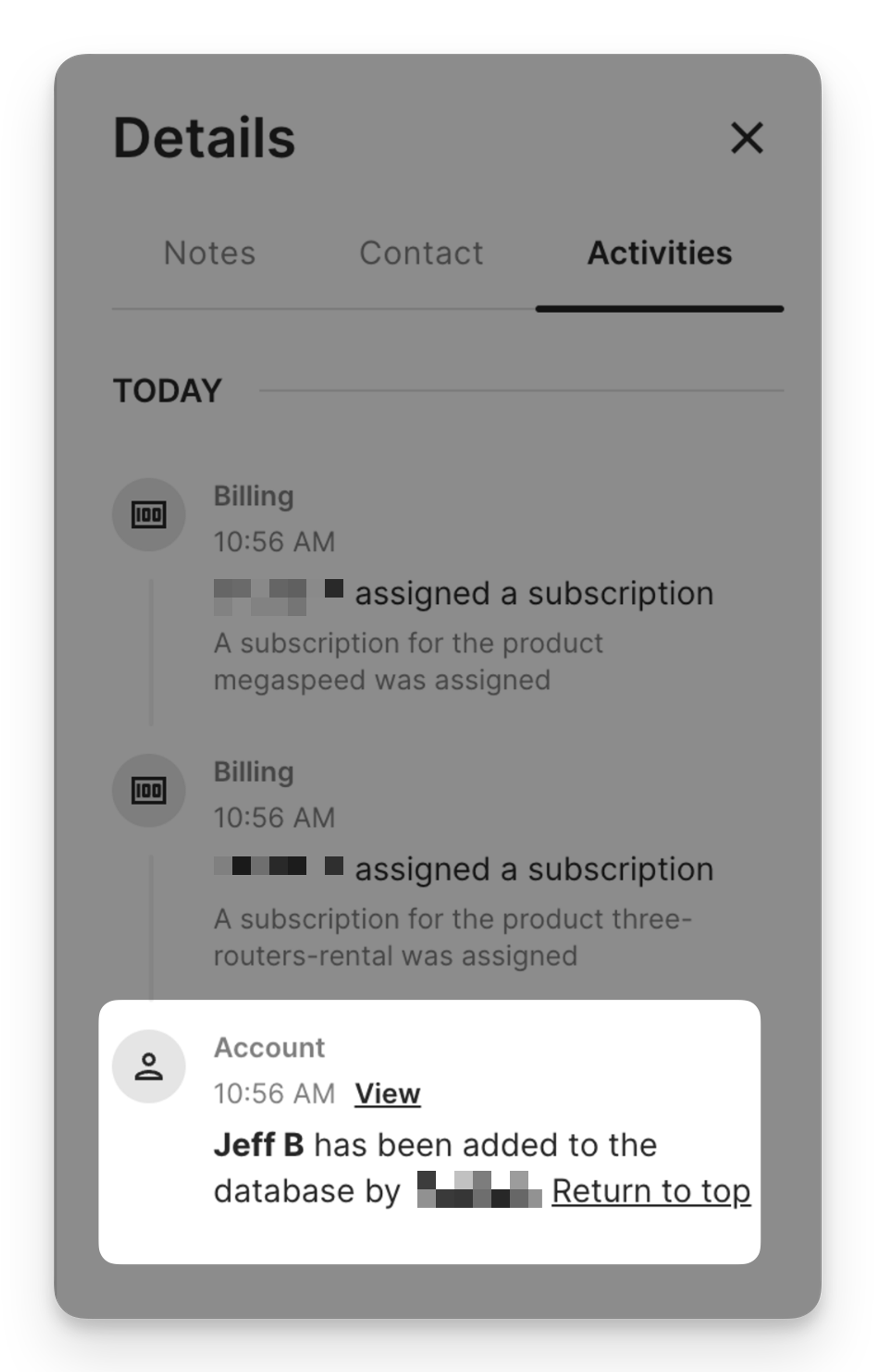 Account creation activity log
