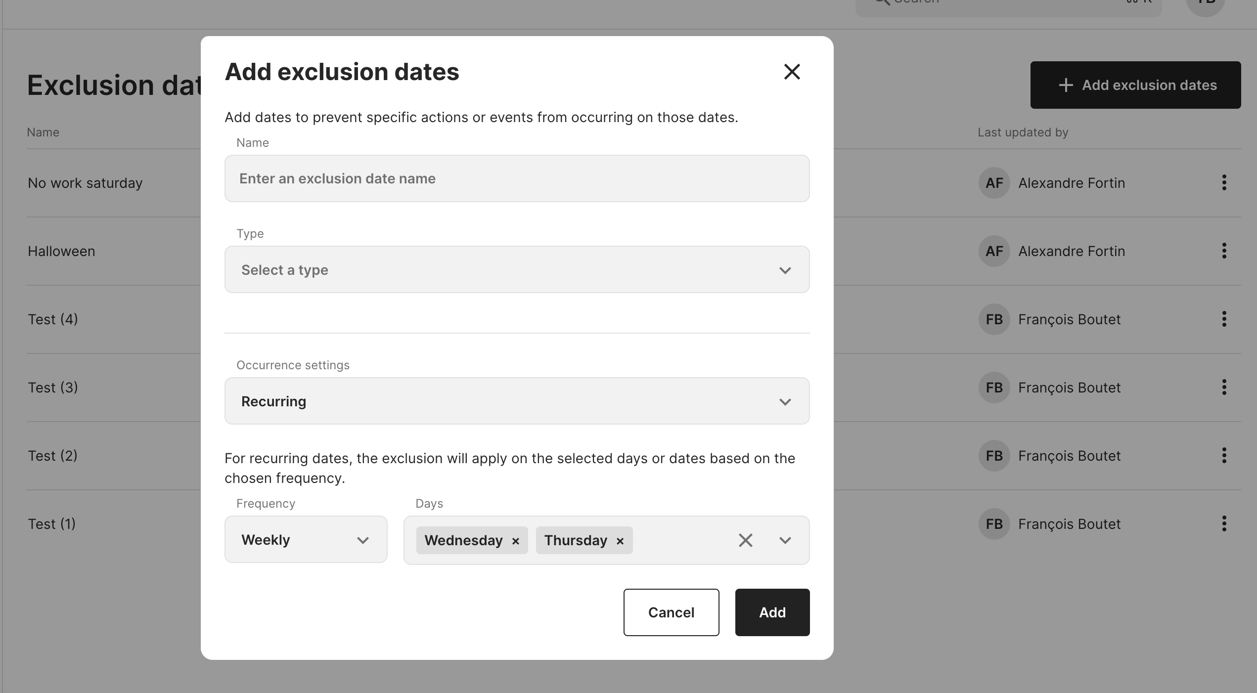 Add exclusion modal