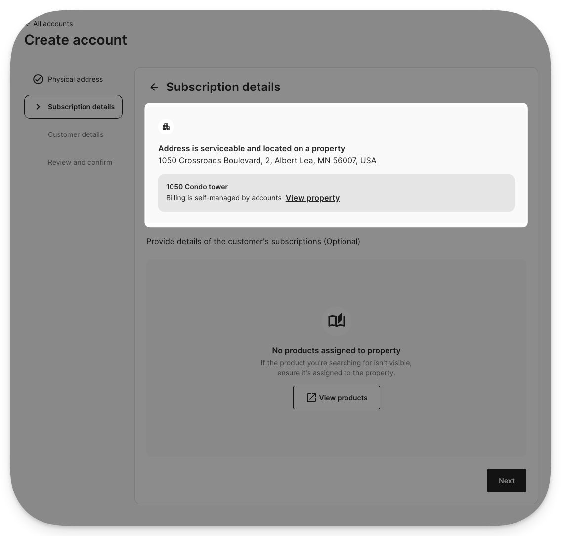 Confirmation of linked property during account creation