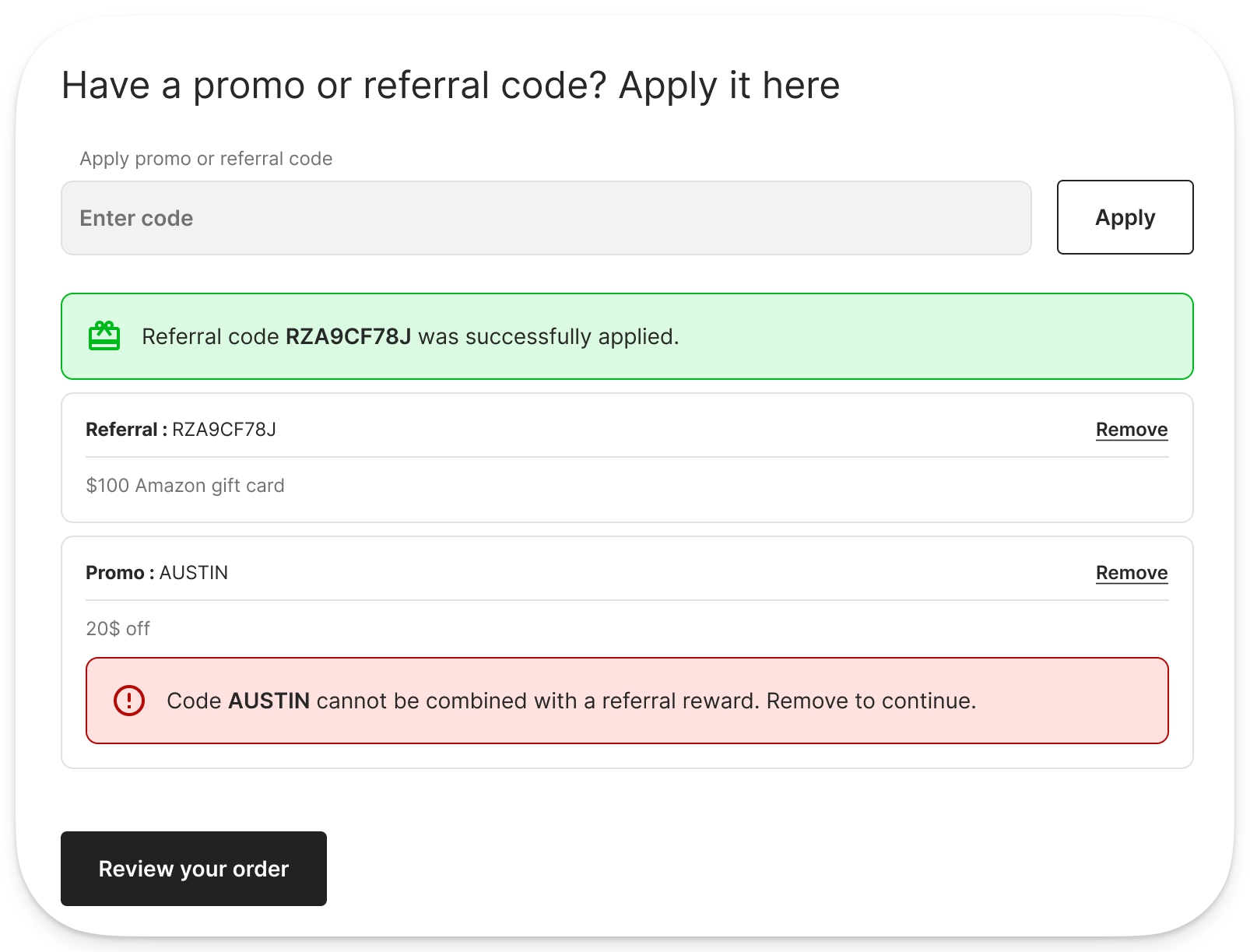 Cannot Combine Promo and Refferal Codes.png
