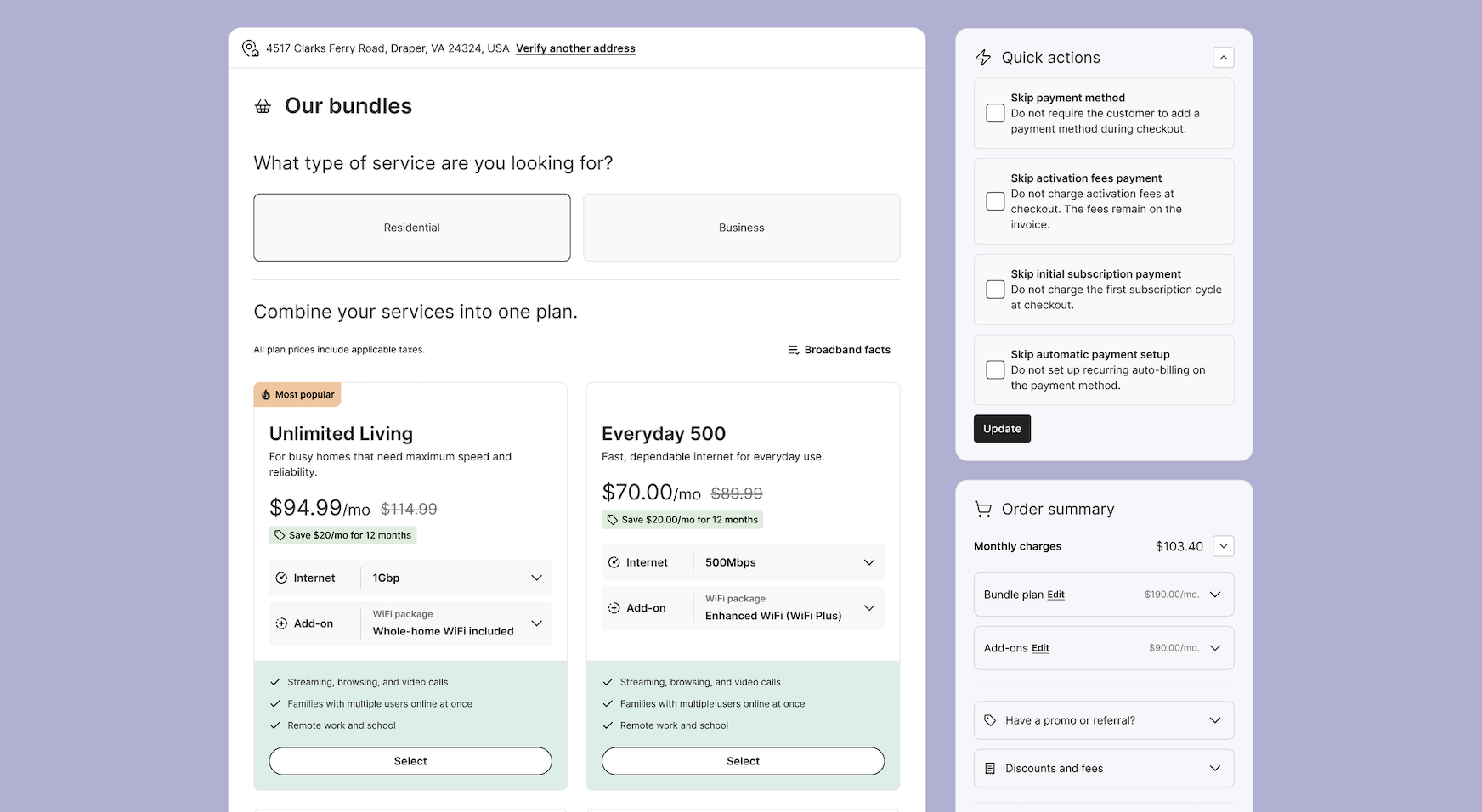 The Quick actions panel on a new order