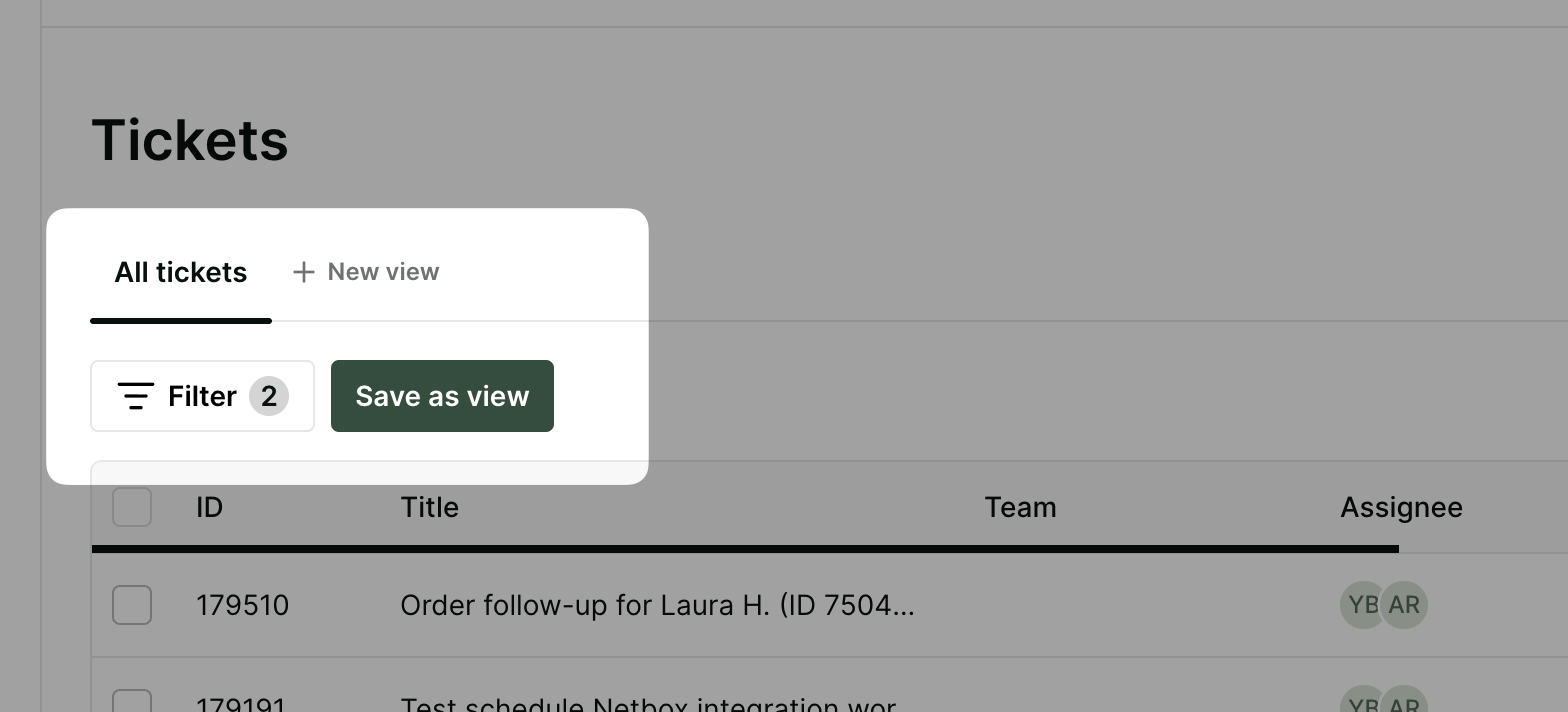 Save as view button in a table filter row