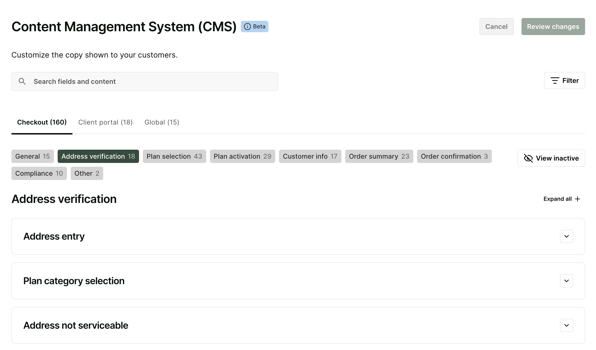 Content management page listing the checkout copy by section
