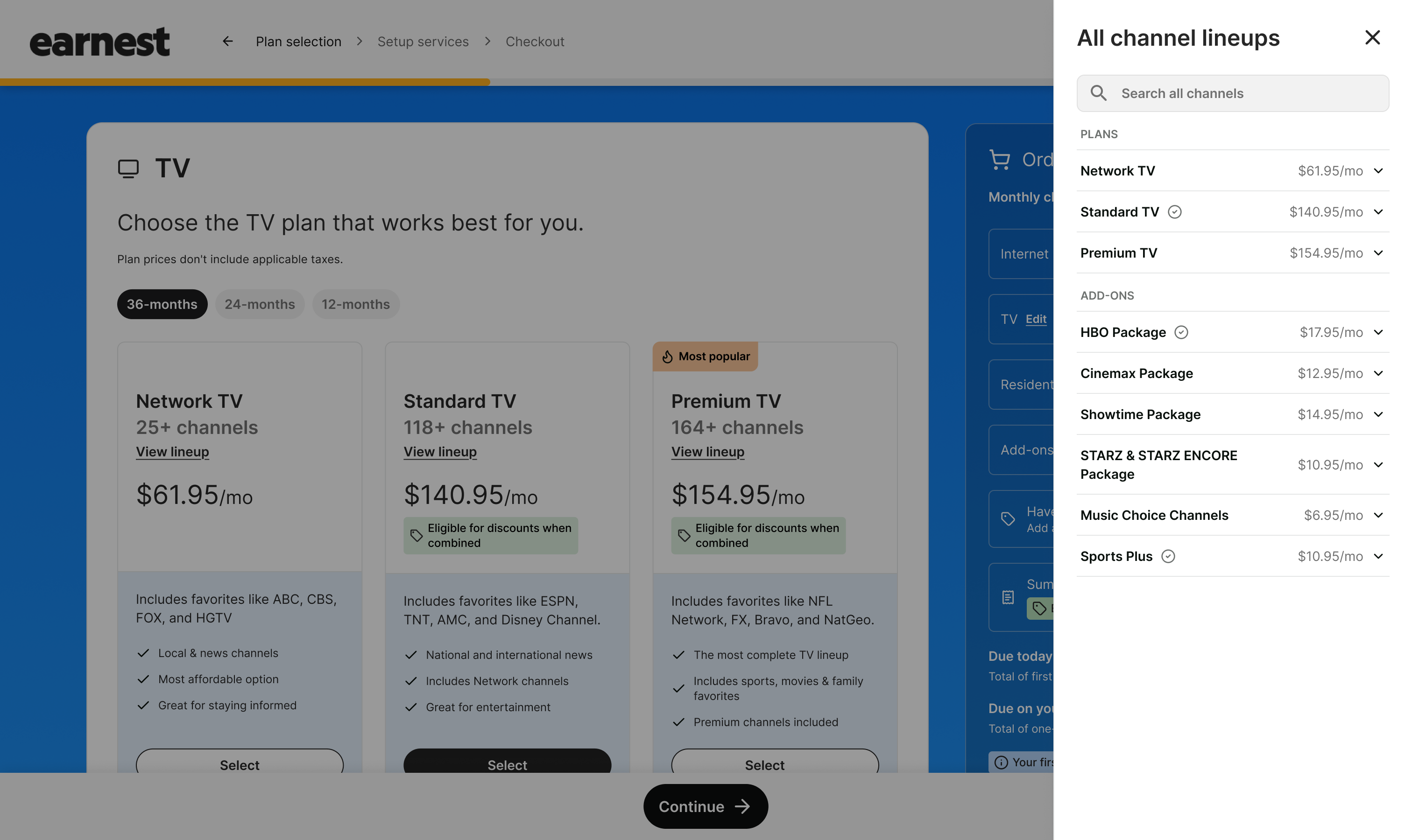 All channel lineups side panel listing every TV plan and add-on in checkout