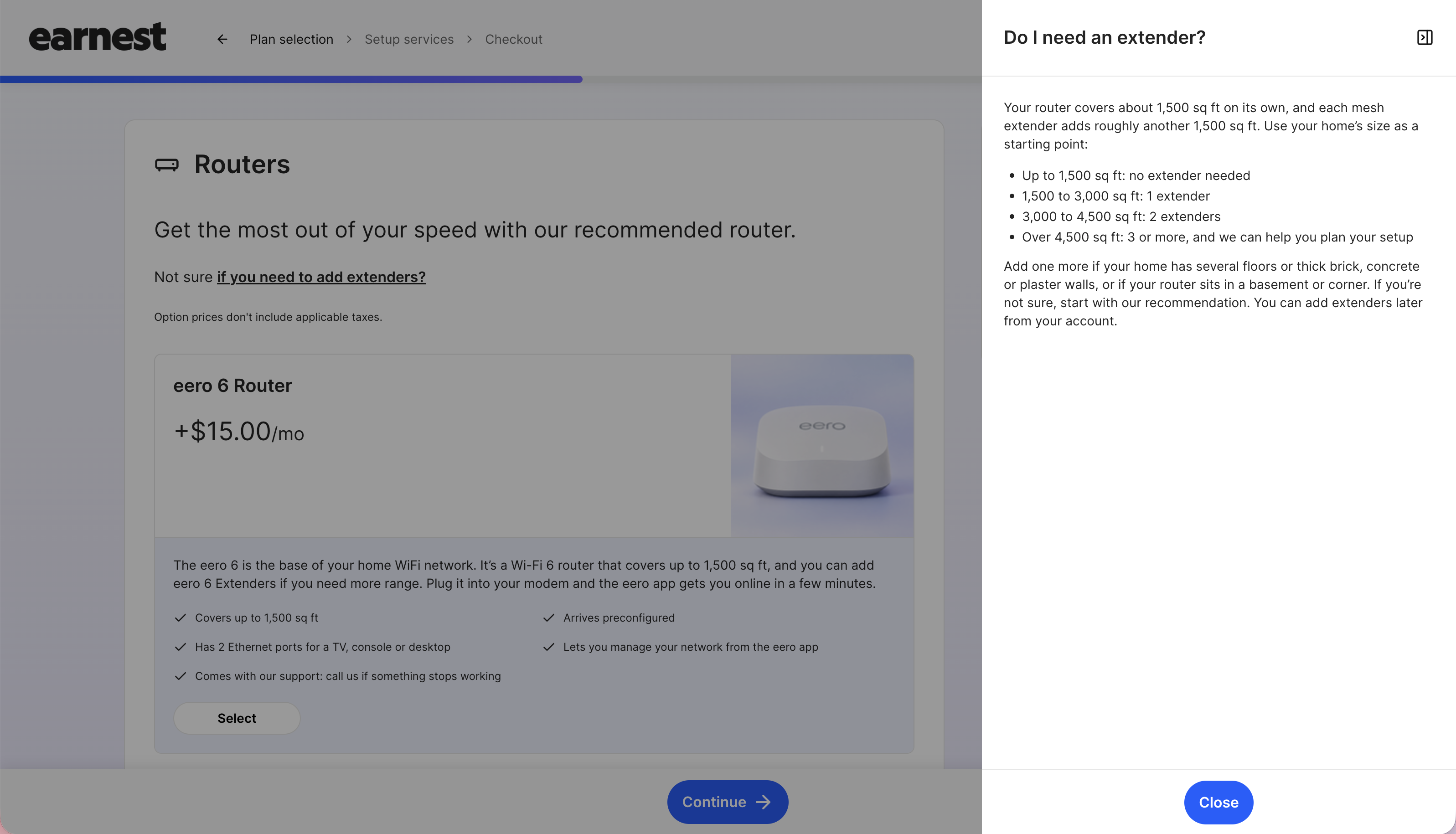 Information panel answering whether a customer needs a mesh extender, opened from the router step in checkout